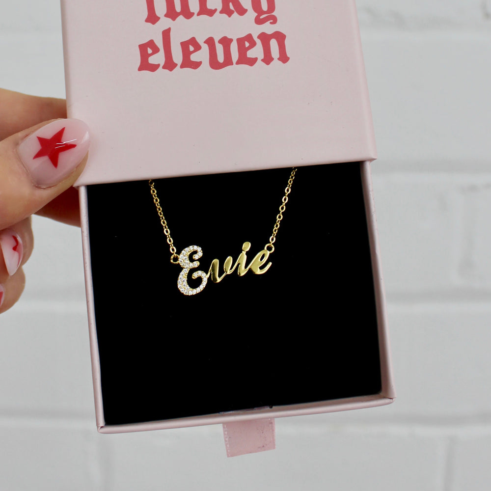 Pavé Letter Script Nameplate Necklace - Lucky Eleven Jewellery